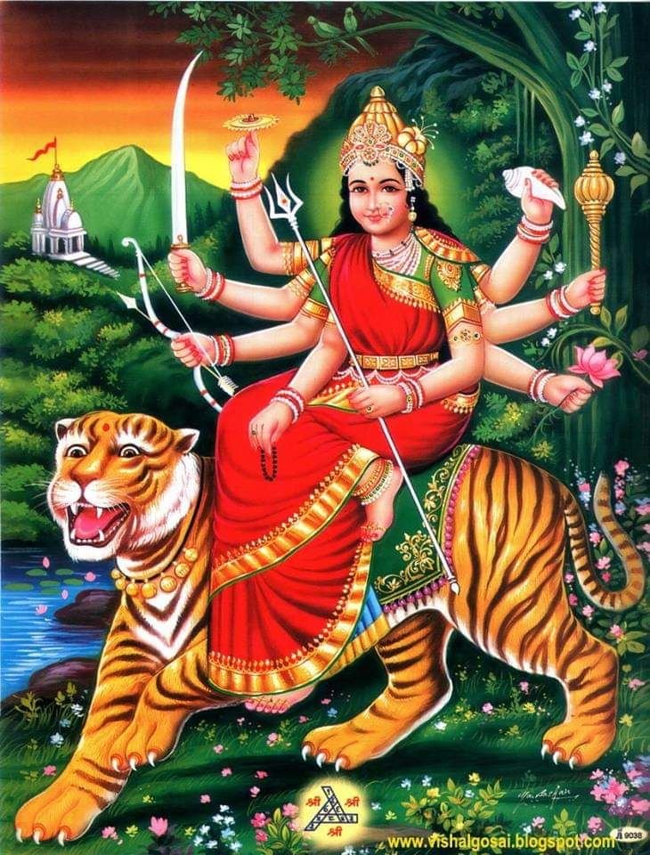Ambe Maa seated on her tiger with trishul, sword and lotus — Durga Maa devotional art