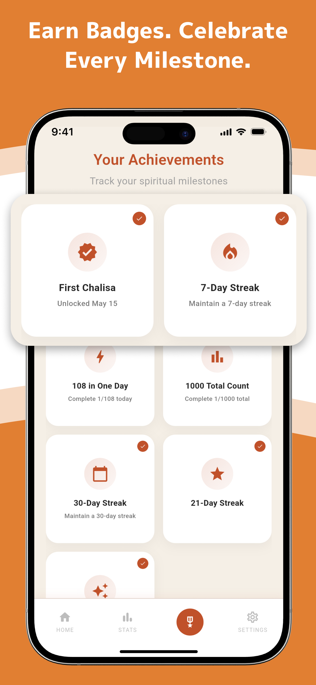 Hanuman Chalisa Japa achievements screen — First Chalisa, 7-Day, 30-Day and 21-Day Streak badges