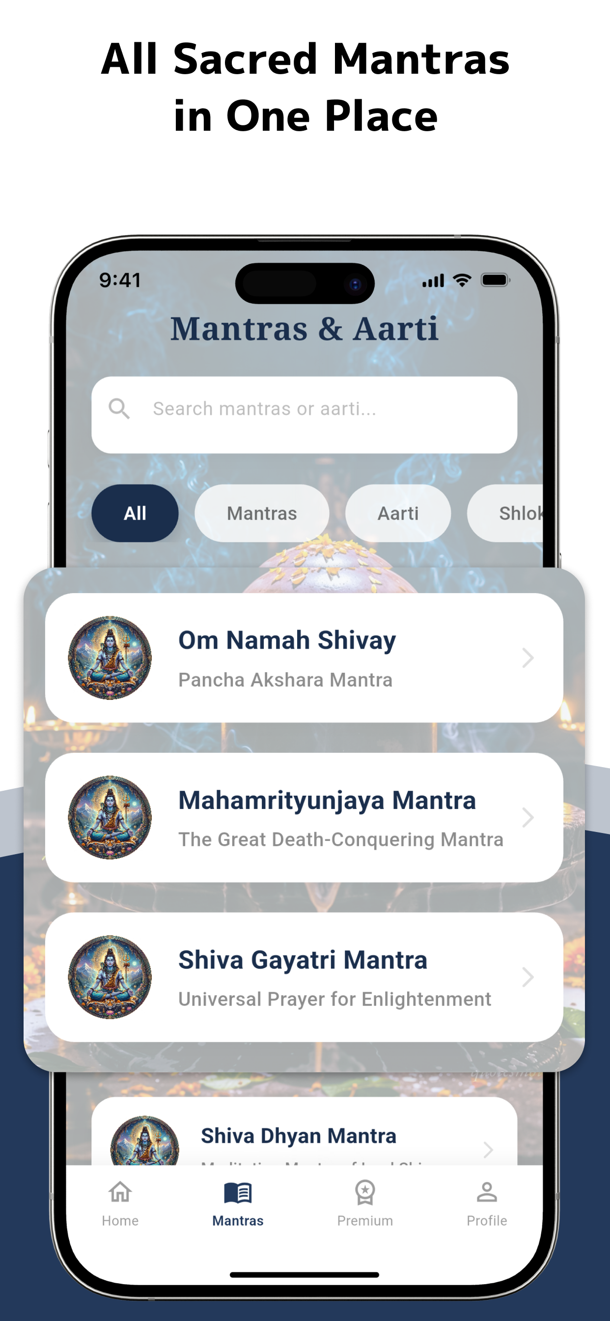 Shlok selection screen for Om Namah Shivaya and Mahamrityunjaya mantra